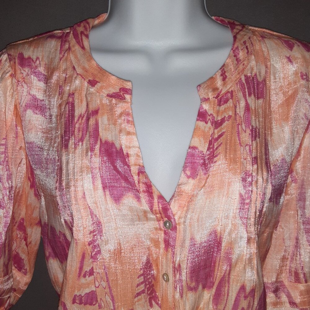 NWT Nicole Miller LS Soft Summer Blouse in Orange & Raspberry * Shimmer * L *
